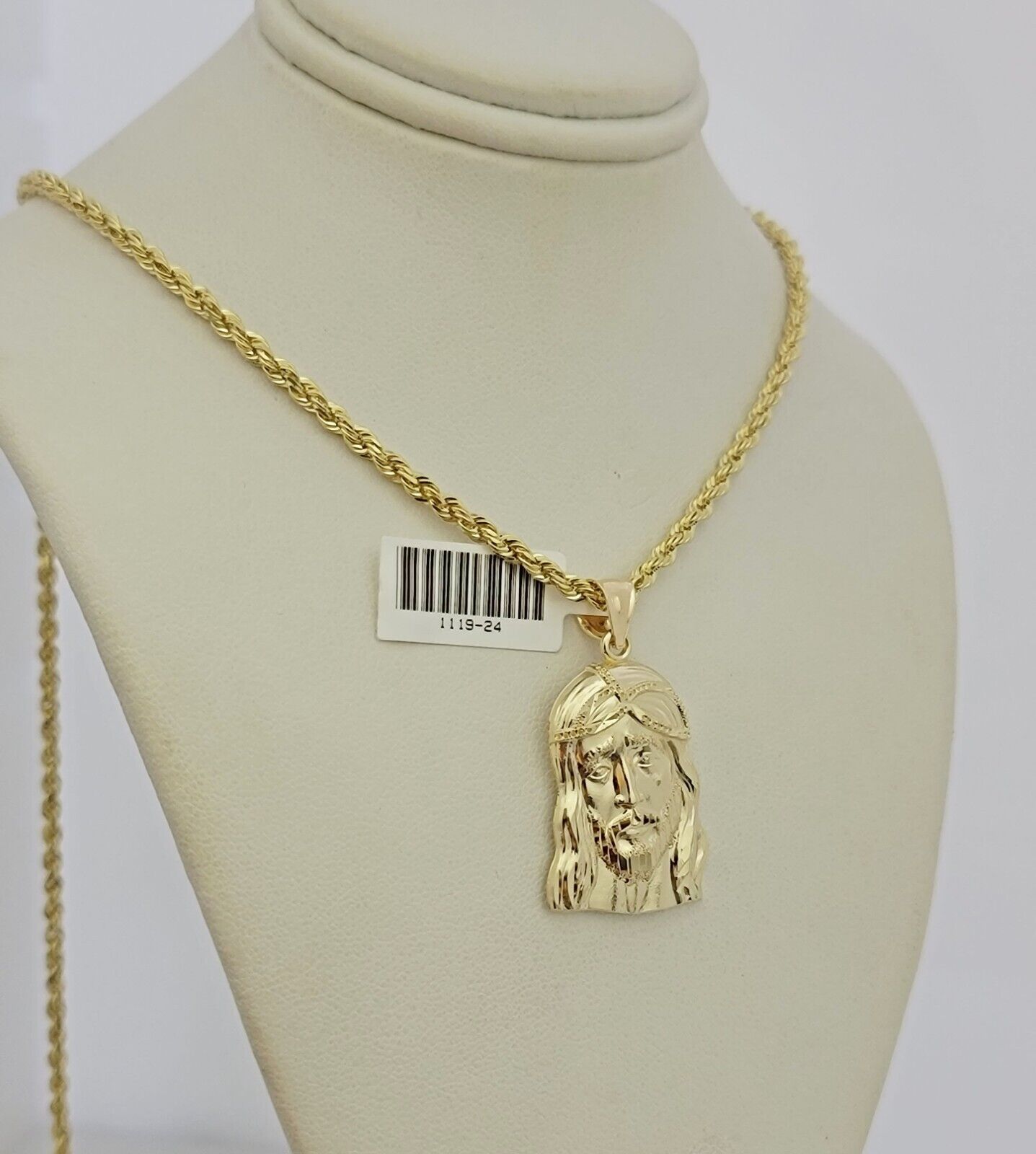 Real 10k Gold Rope Chain Jesus Head Charm Pendant Set 3mm Necklace 24 Inch SOLID